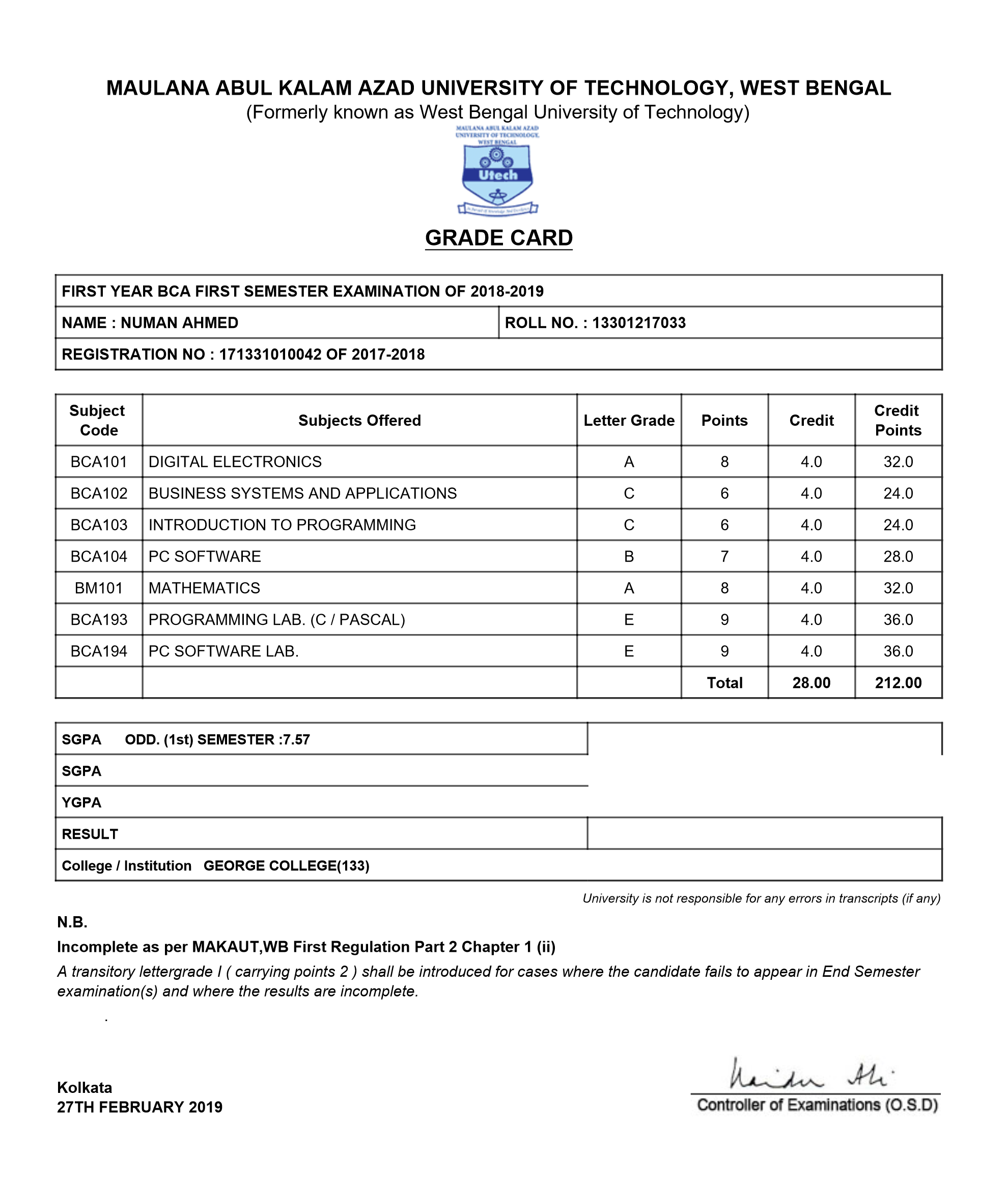 1st Sem marksheet
