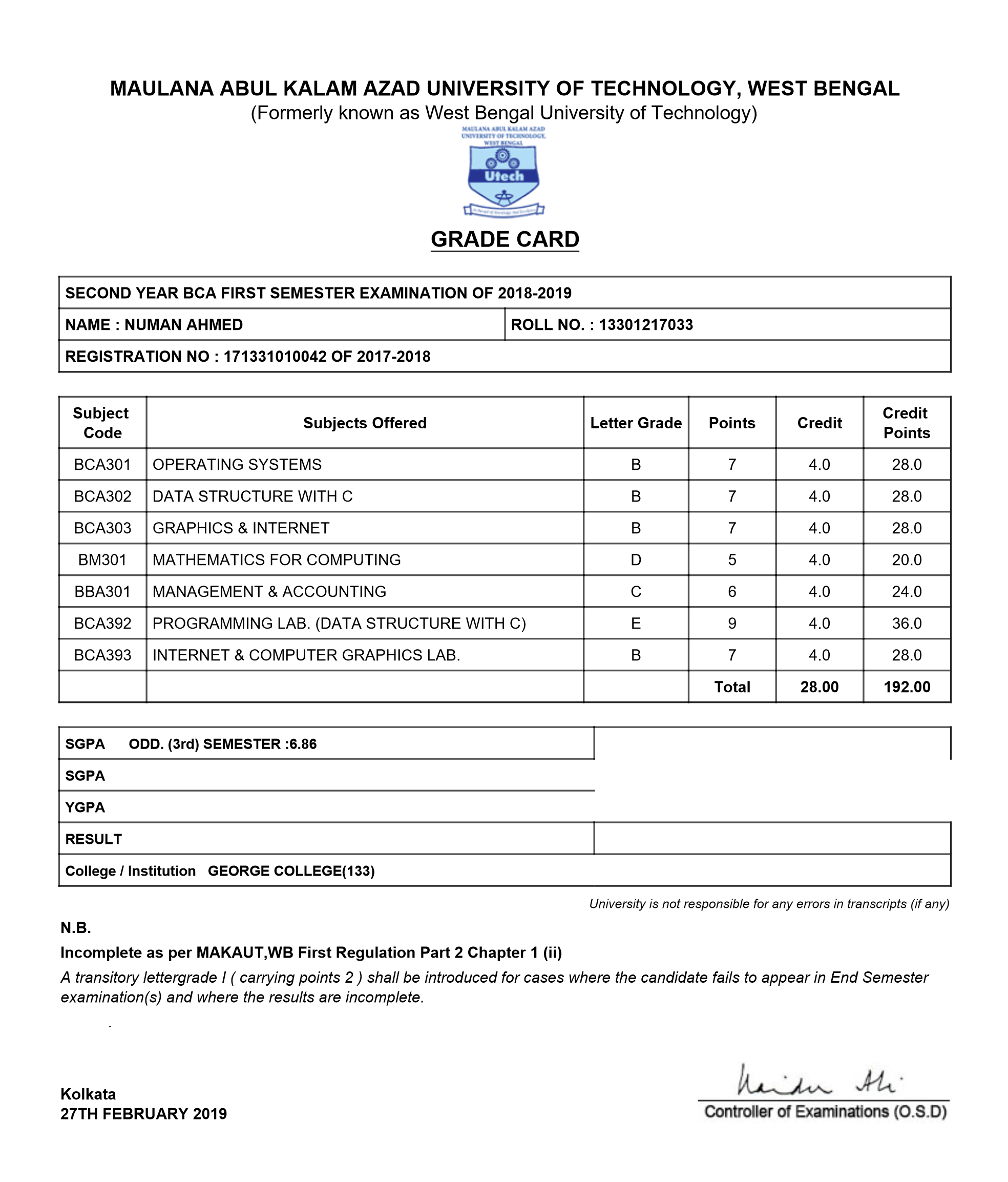 3rd Sem marksheet