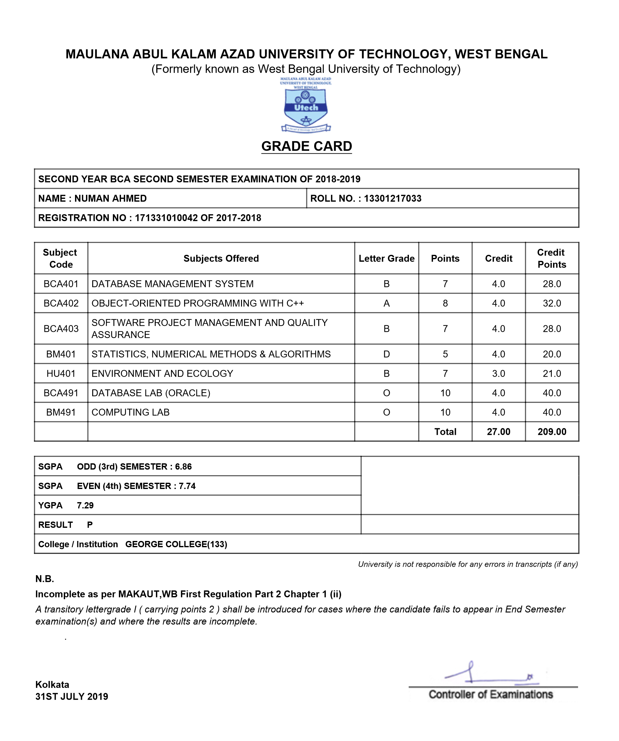 4th Sem marksheet