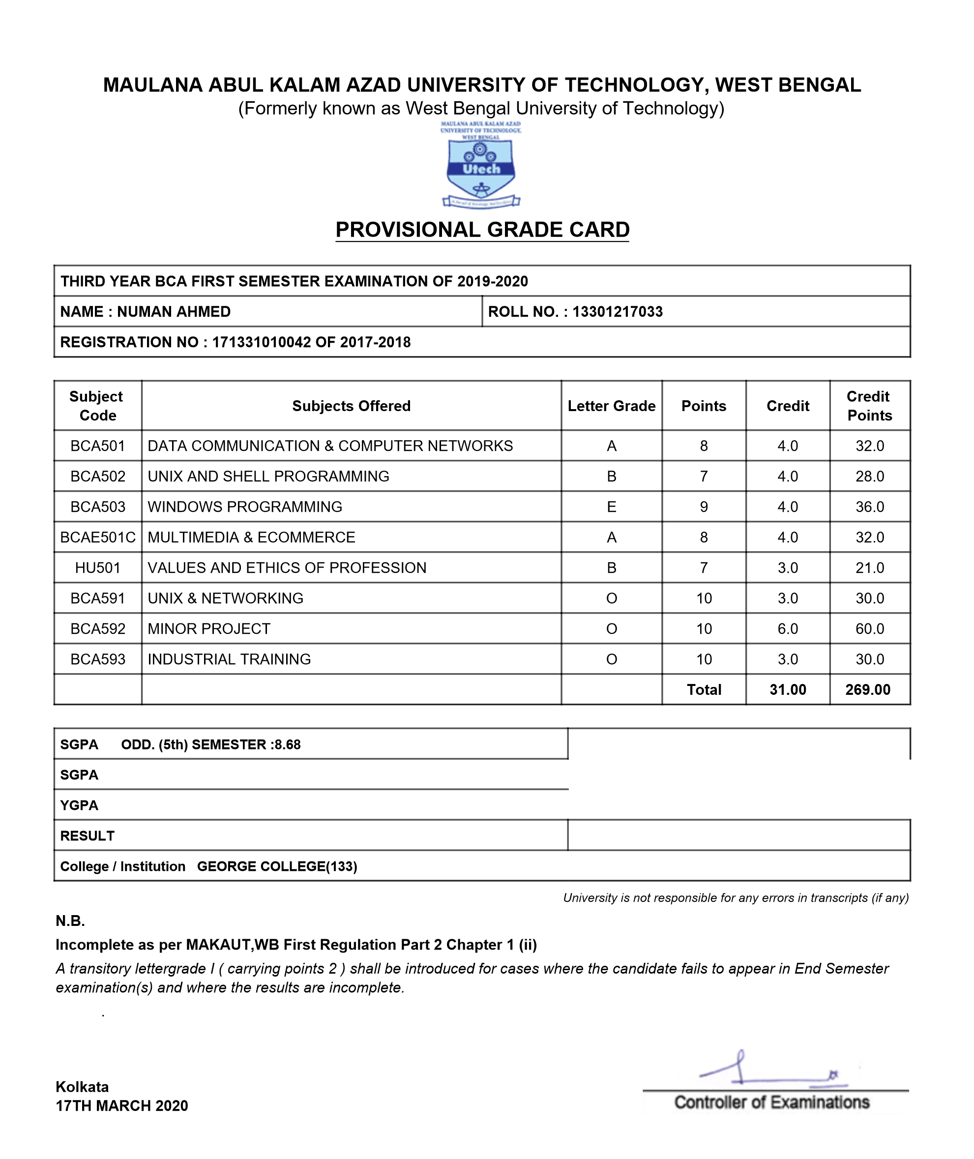 5th Sem marksheet