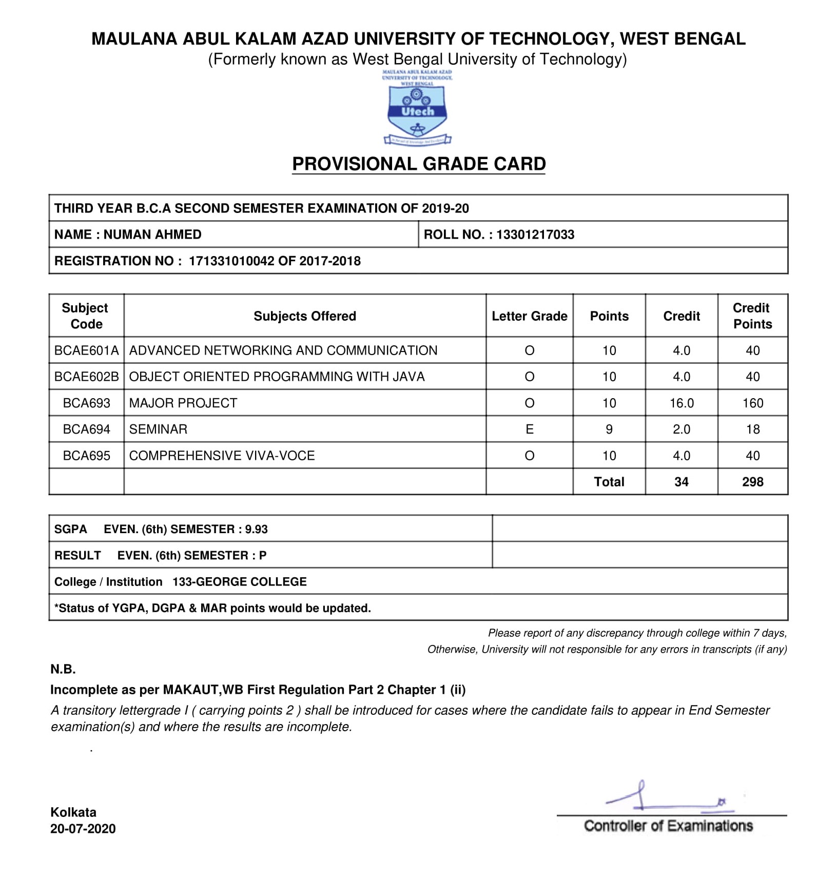 6th Sem marksheet