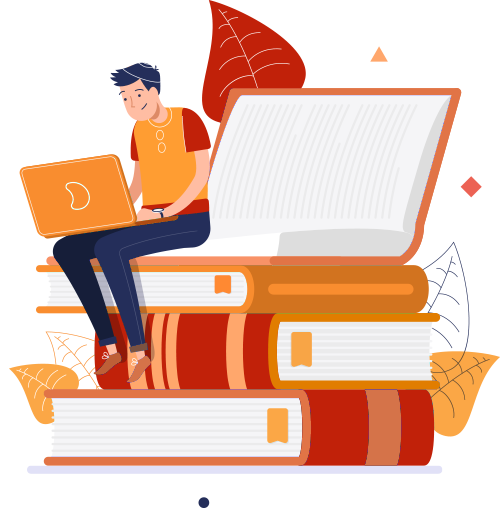 Illustration of Numan studying with a laptop on a stack of books